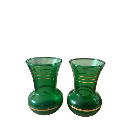 Art Deco Emerald Green Gold Striped 3.75" Glass Bud Vases Czech Glass Set Of 2 - Picture 5 of 7
